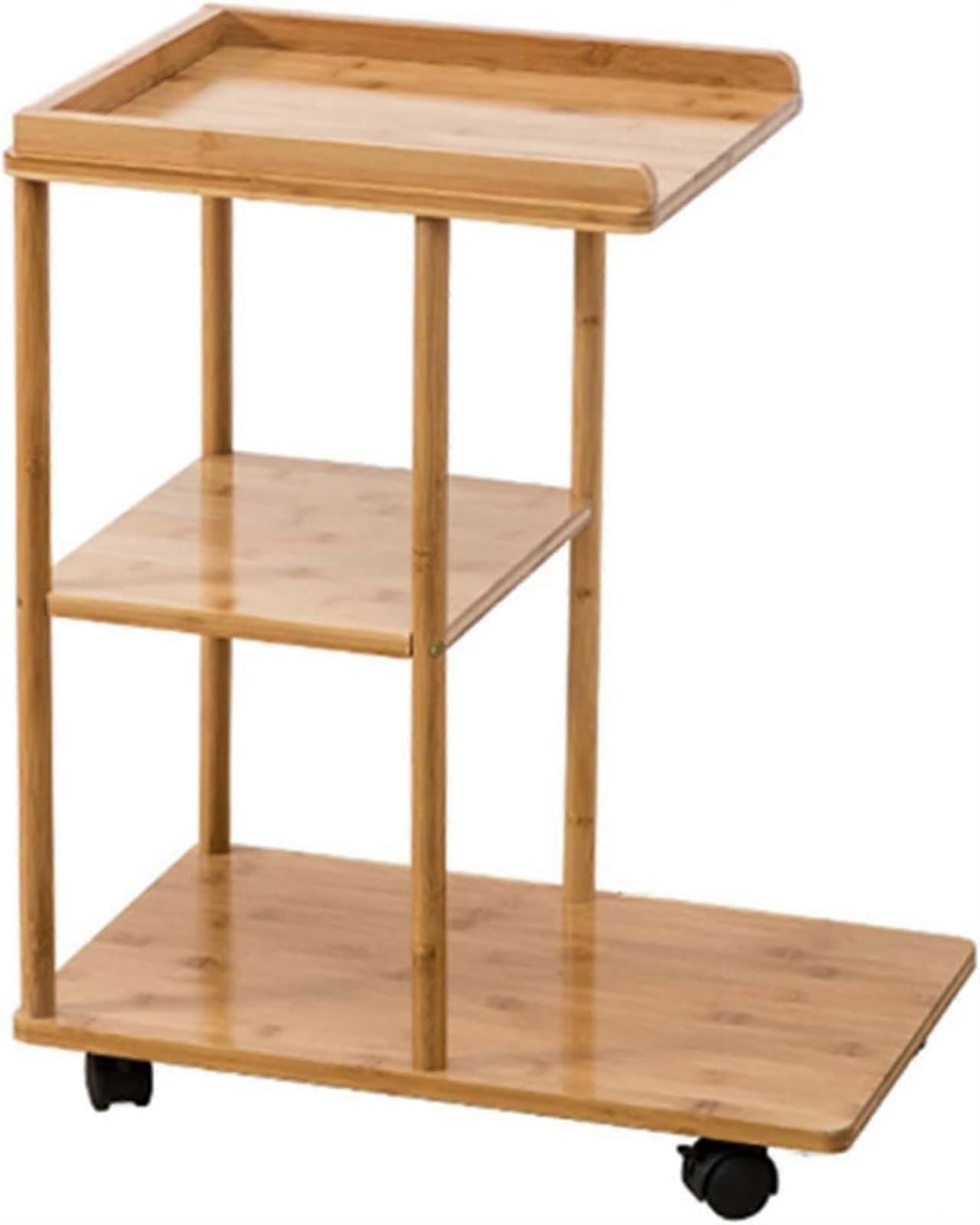 Wooden Side Table with Wheels, 3 Tier End Table with Shelves and Large Storage for Living Room