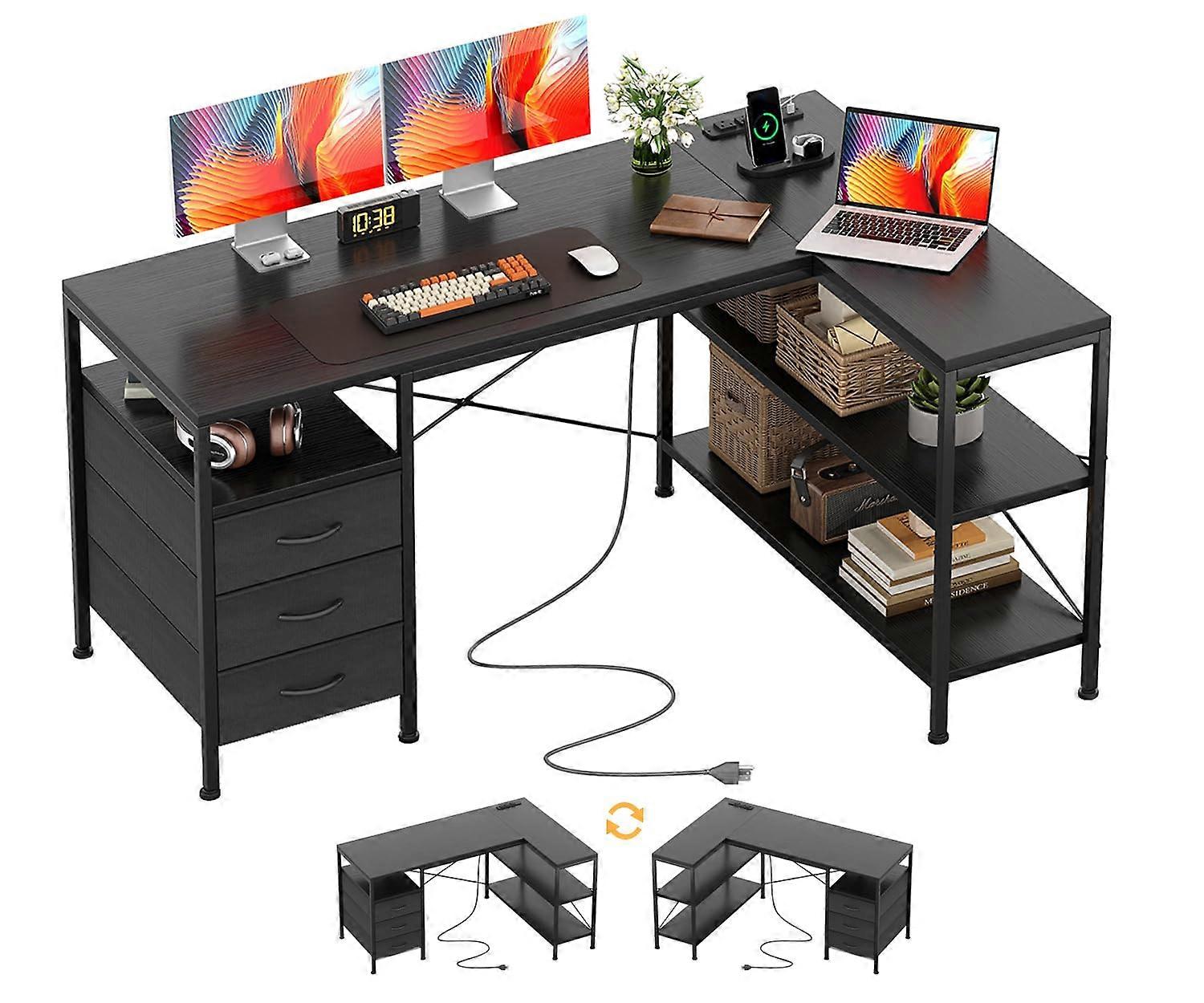 47 Inch L Shaped Desk with Drawers and Shelves, Corner Computer Desk with Power Outlets for Home Office