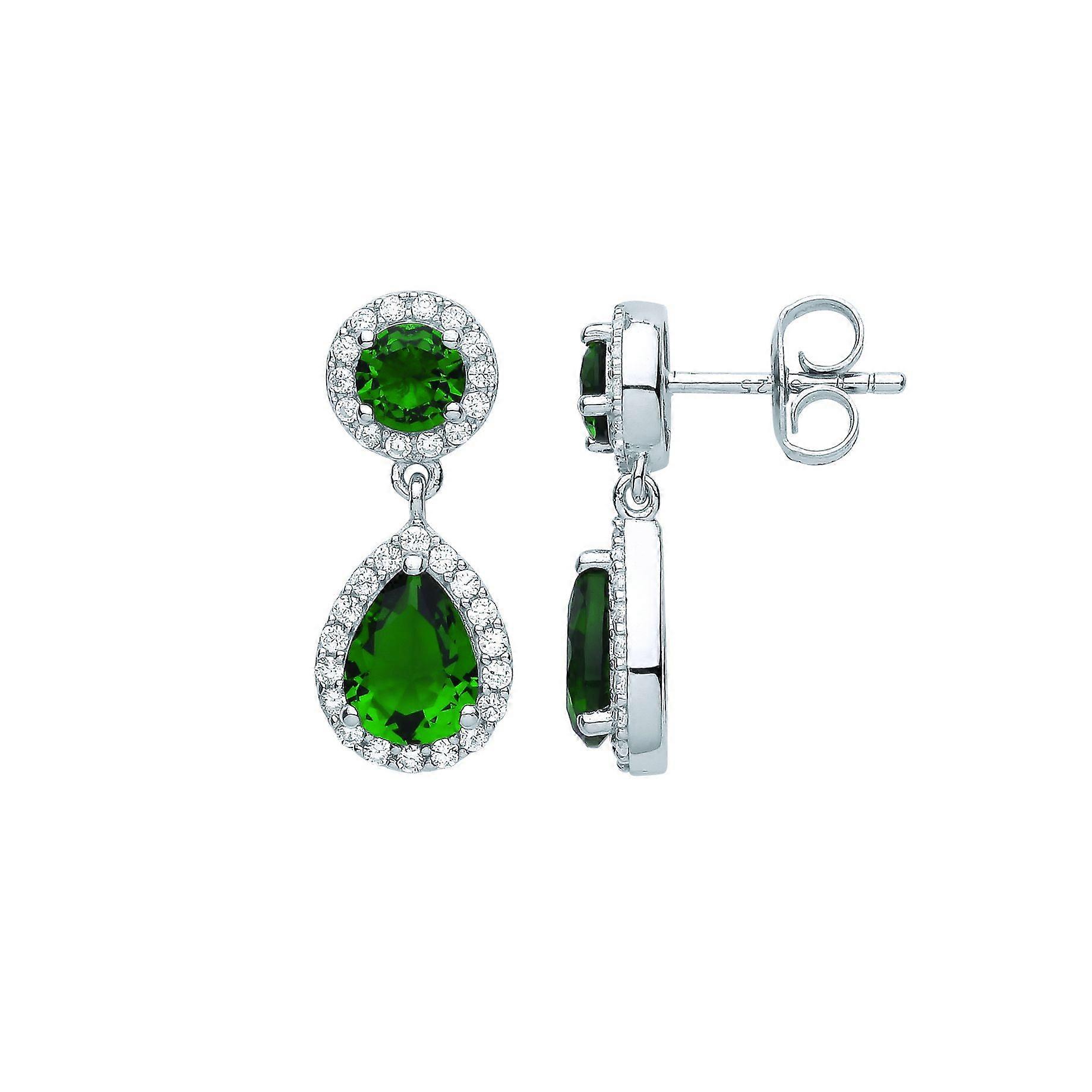 Jewelco London Ladies Rhodium Plated Sterling Silver Green Pear CZ Raindrop Double Halo Drop Earrings