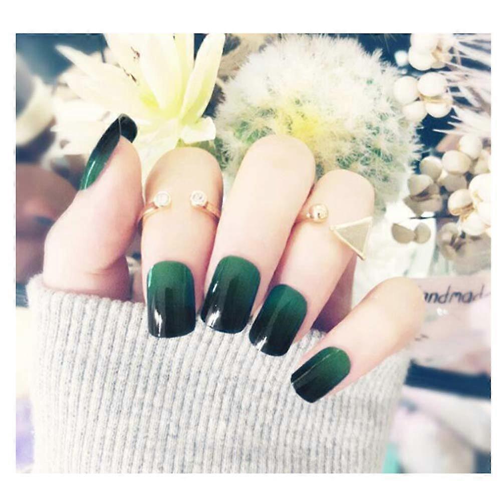 24Pcs Gradient Green Black Square Full Cover False Nails with Adhesive Tabs and Reusable Tips
