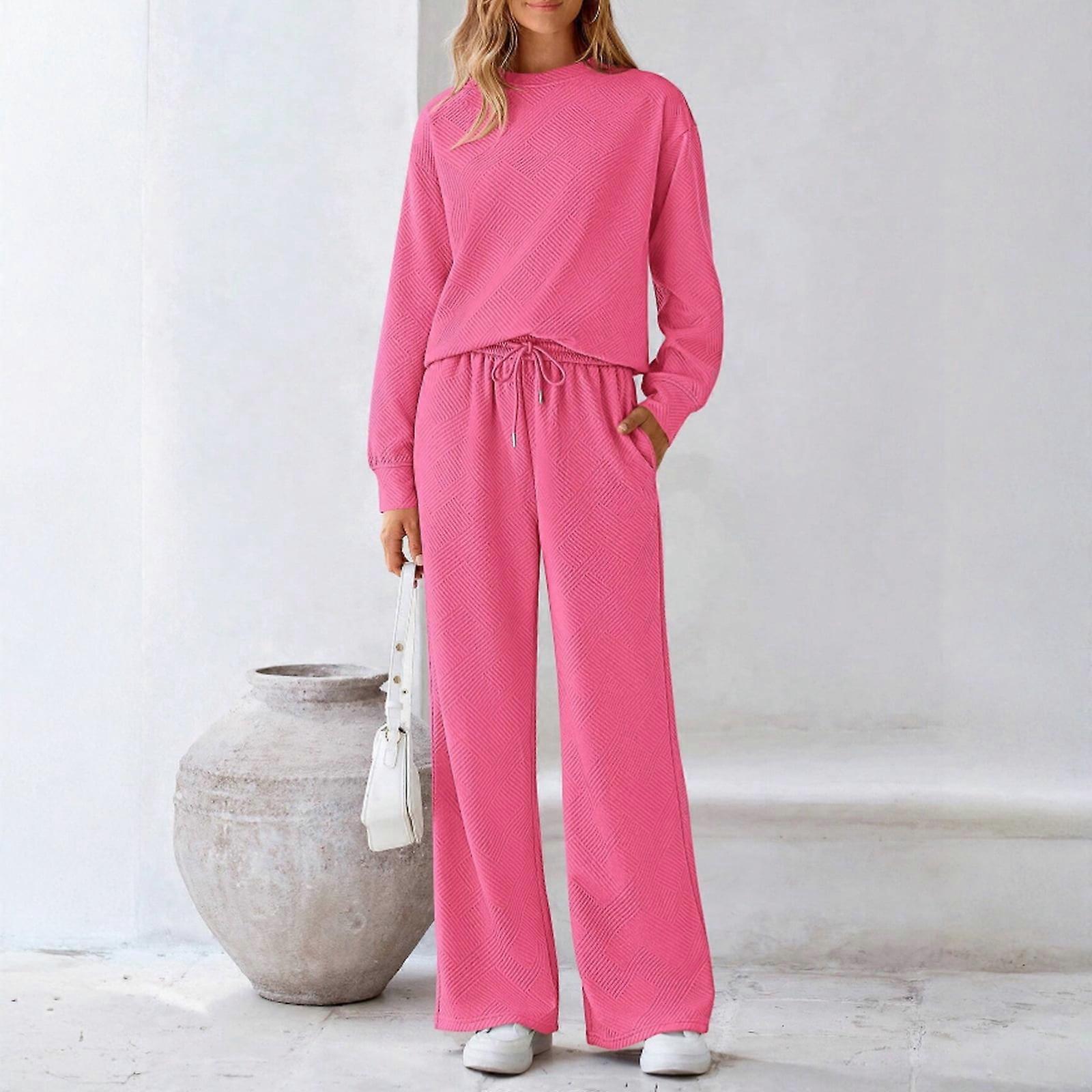 Women's Fall Solid Textured Drawstring 2-Piece Tracksuit Set Pink L