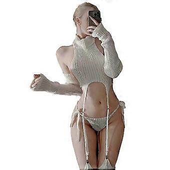 Dames Witte Gebreide Trui Lingerie Set Halter Crop Top met Kousenband Ontwerp, Sexy Cosplay Outfit