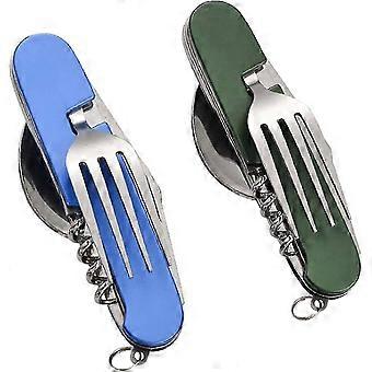 2 Pcs 6-in-1 Folding Cutlery Set for Camping Hiking Travel Picnic - Blue and Green