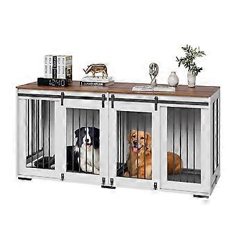 72" Hondenbench Meubels voor 2 honden, Hondenbench Meubels met dubbele schuifdeuren, Grote Hondenbench TV-standaard met verwijderbaar dienblad, Wit