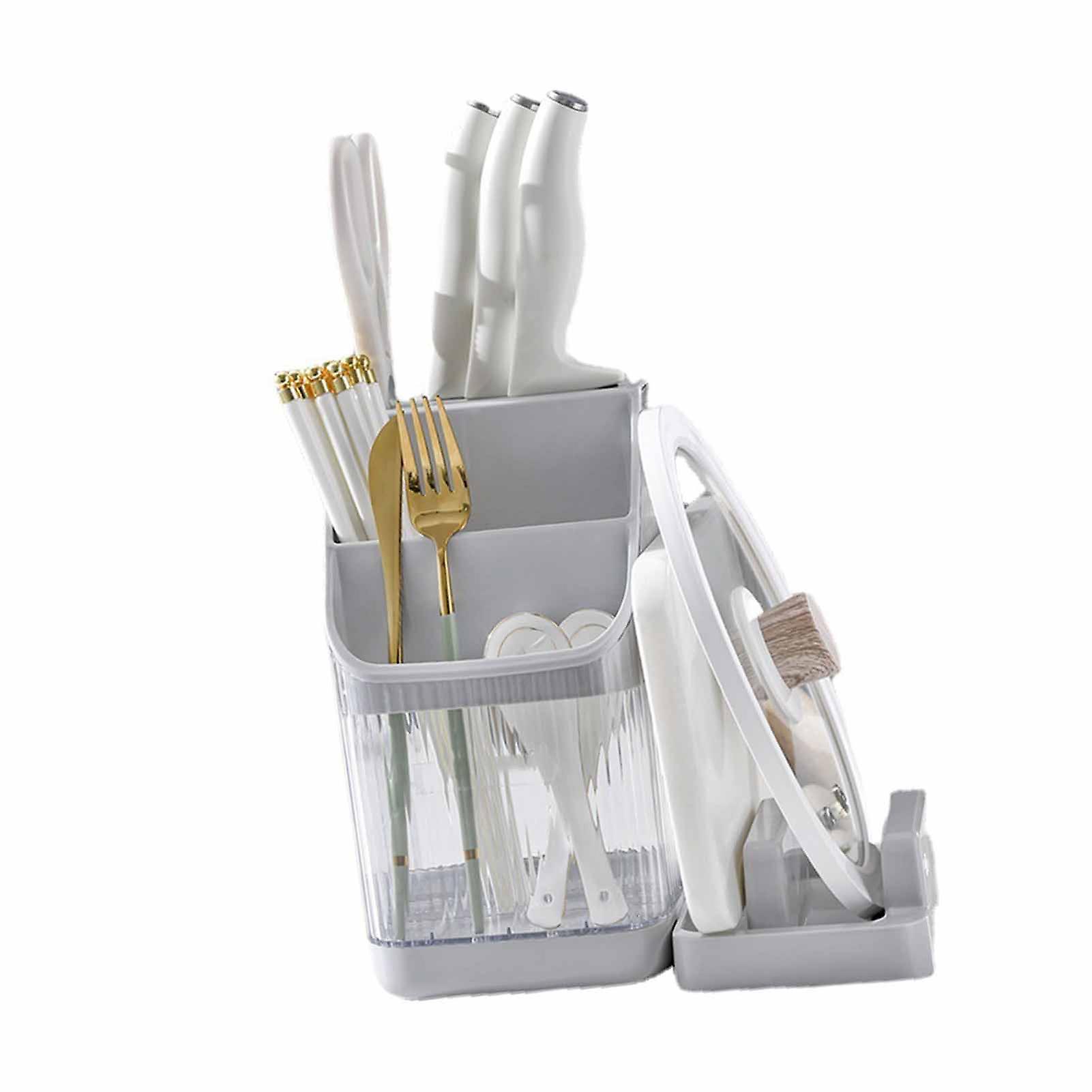 Knife Block Utensil Holder with Draining Tray Compartment Storage Transparent Kitchen Utensils Organizer Gray 