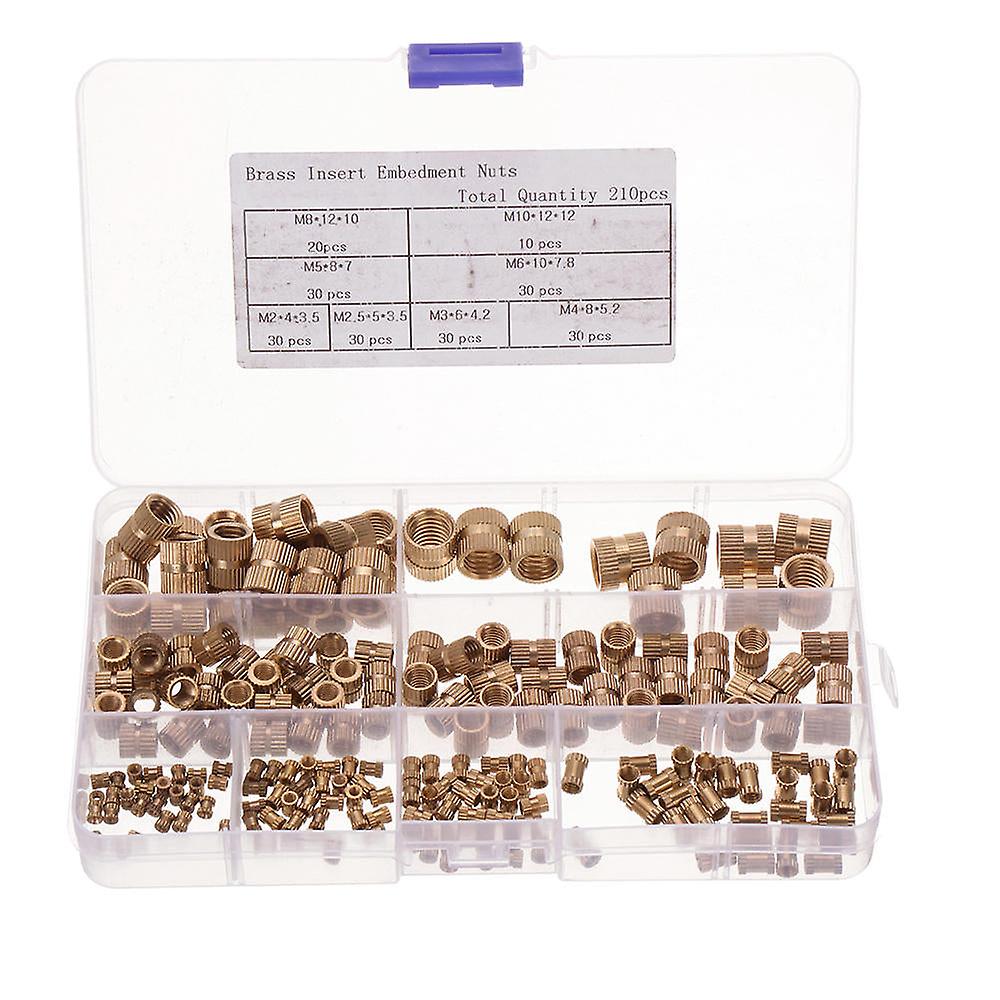 210Pcs M2~m10 Metric Threaded Brass Knurl Nuts Round Insert Embedment Nut Assortment Set