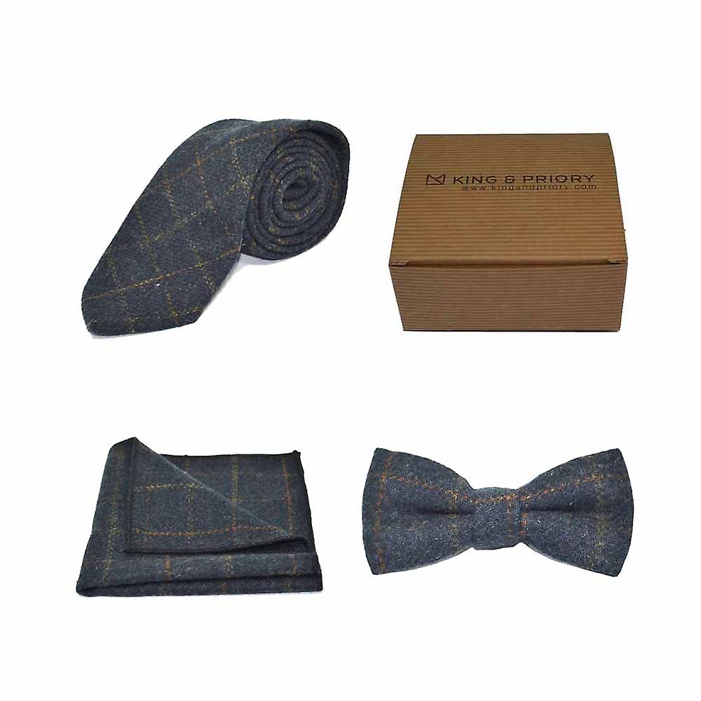 Heritage Check Navy Blue Bow Tie, Tie &amp; Pocket Square Set | Boxed
