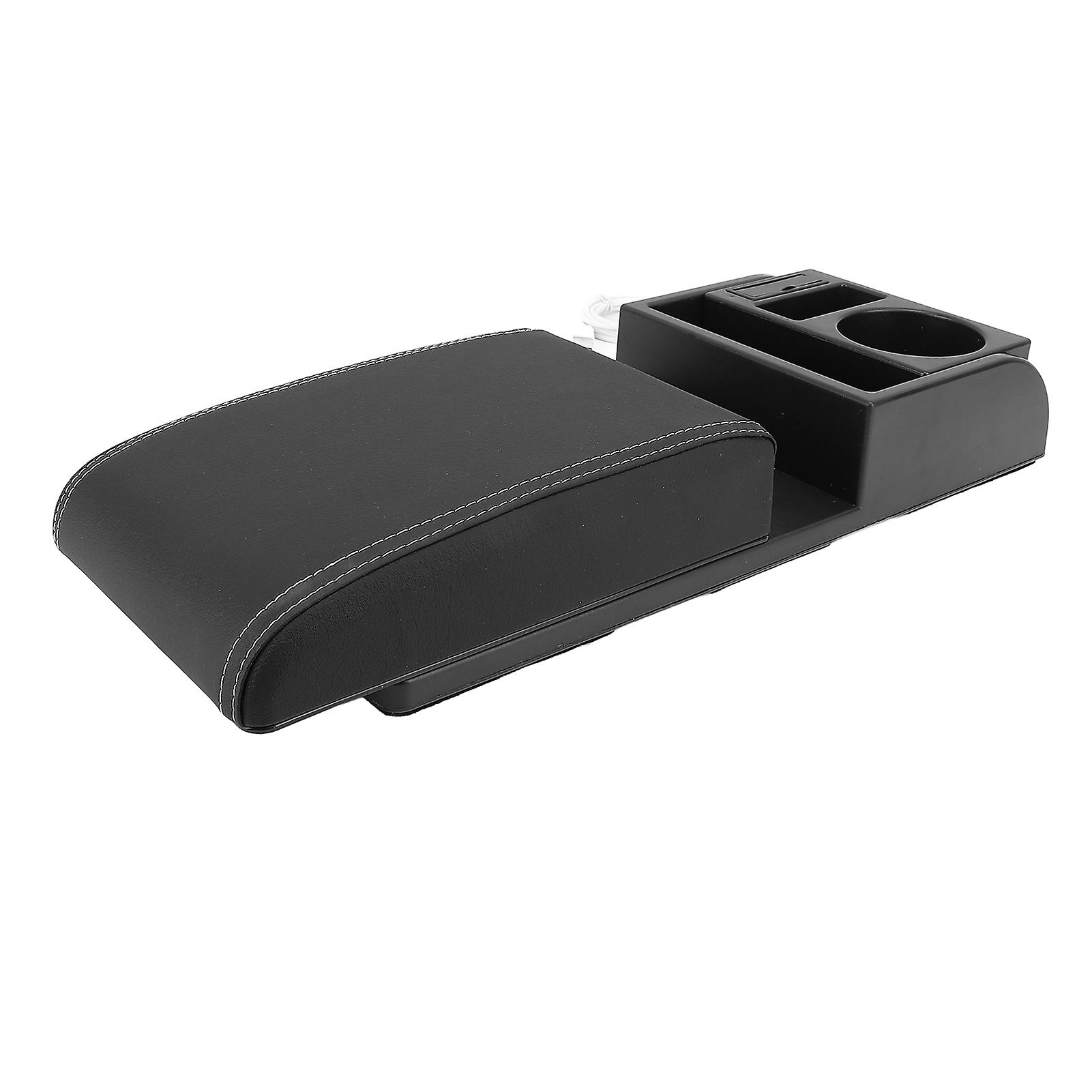 Auto Center Console Armrest Pillow with USB Interface Multifunctional Adjustable Width Armrest Storage Box Universal for Vehicles White Line