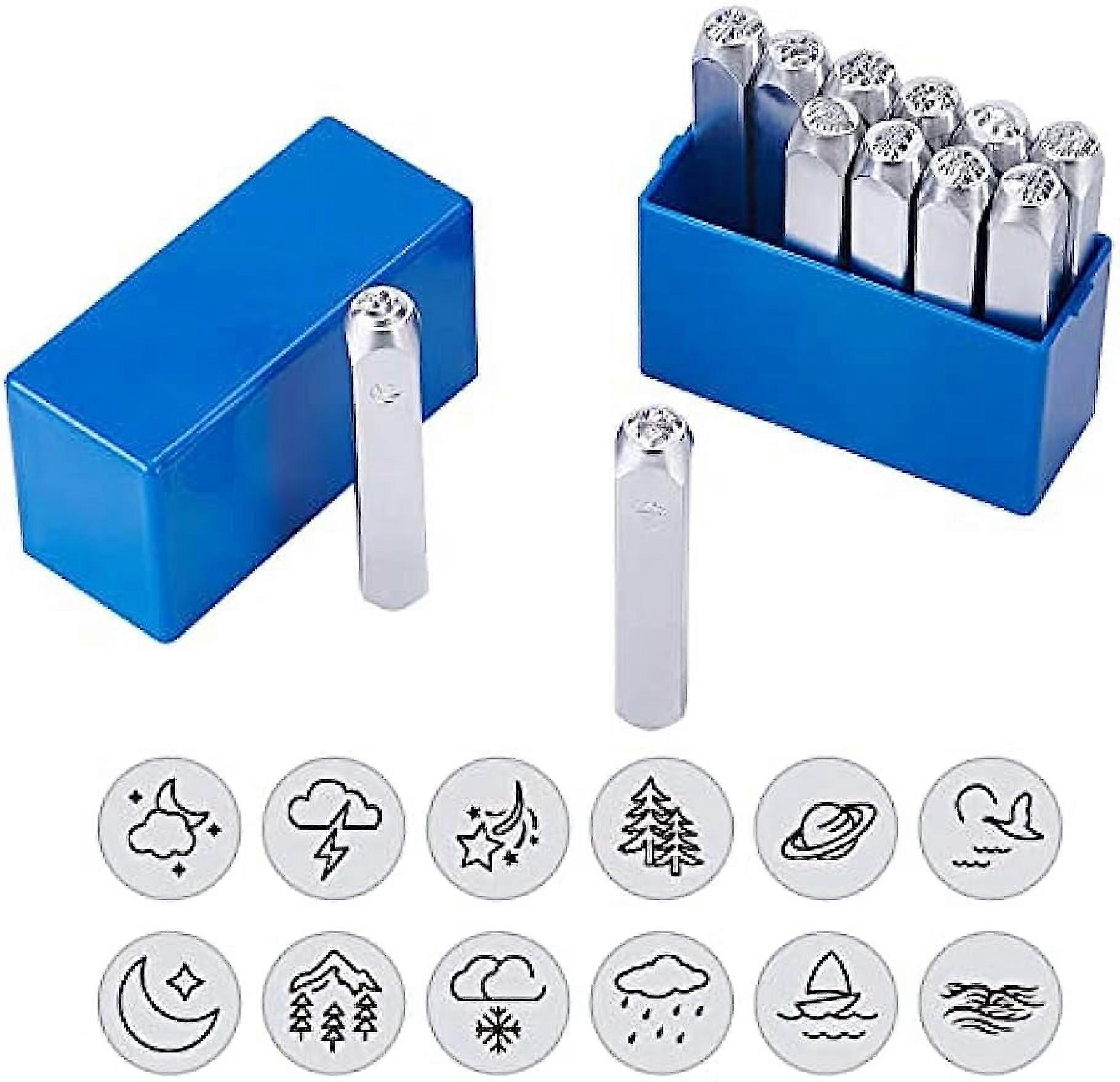 12pcs 6mm Natural Metal Design Stamps Tree Moon Pattern Matte Metal Stamping Tool for Imprinting