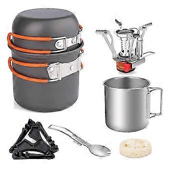 Camping Pot And Pan Set With Mini Backpacking Stove Cooking Gear For Outdoor Hiking Campfire Orange