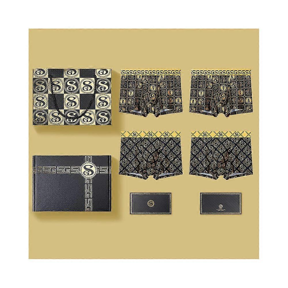 Men's Ice Silk Briefs Breathable Printed Antibacterial Boxer Shorts 4 Pack Gift Set-Color 7