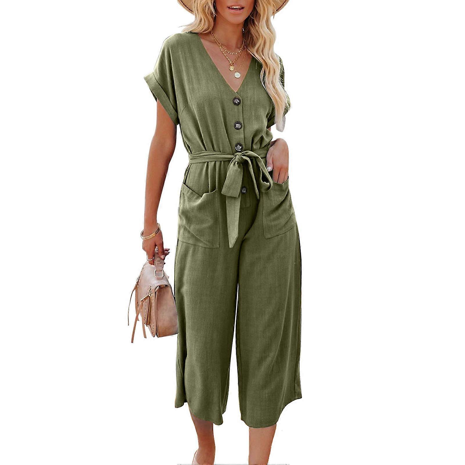 Women Short Sleeve V Neck Jumpsuit Casual Pure Color Button Belted Wide Leg Romper with Pockets OD Green M
