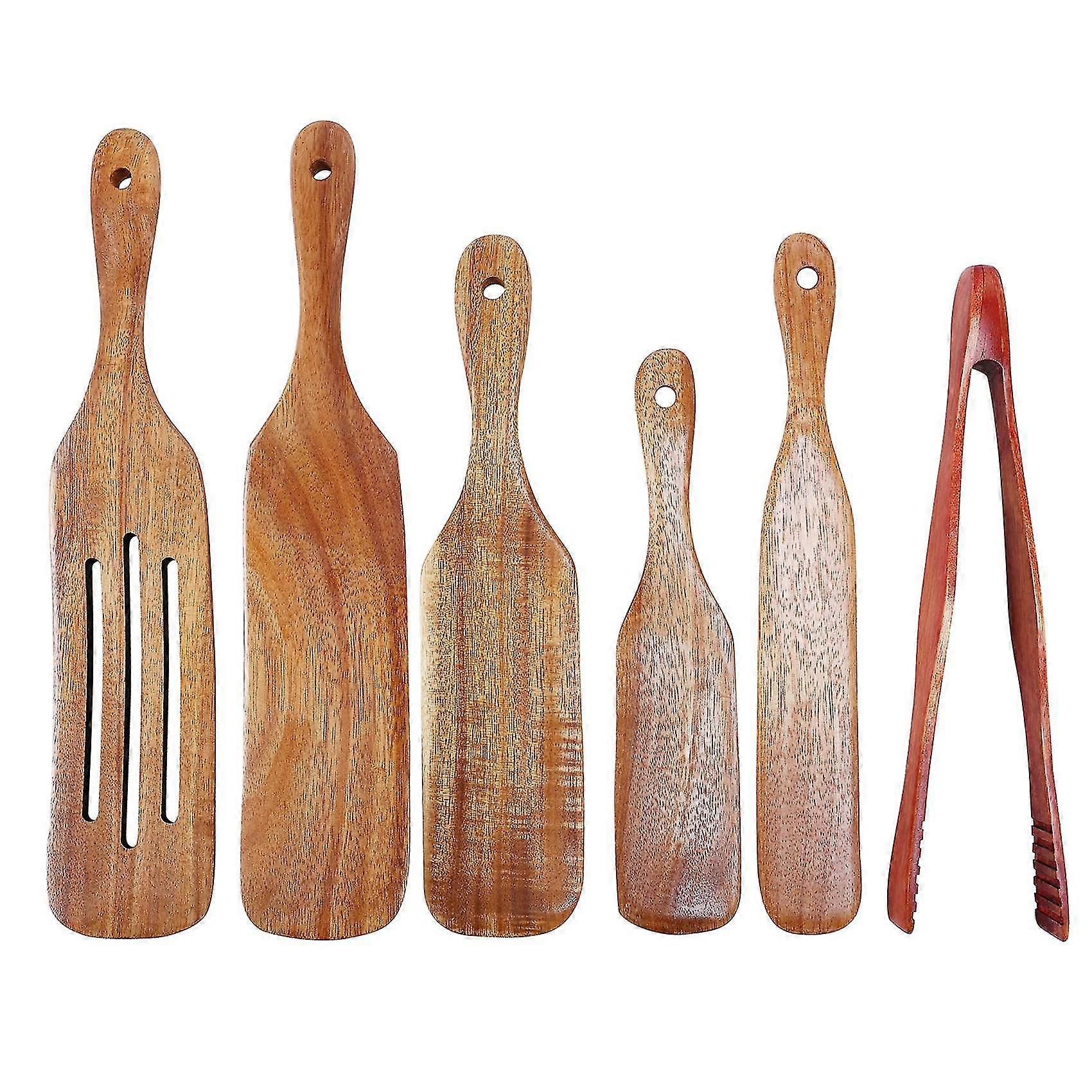 6 Stück Holz Spurtle Set, Teak Spurtle Set Hitzebeständige Holz Spatel Kochutensilien Set Non-s