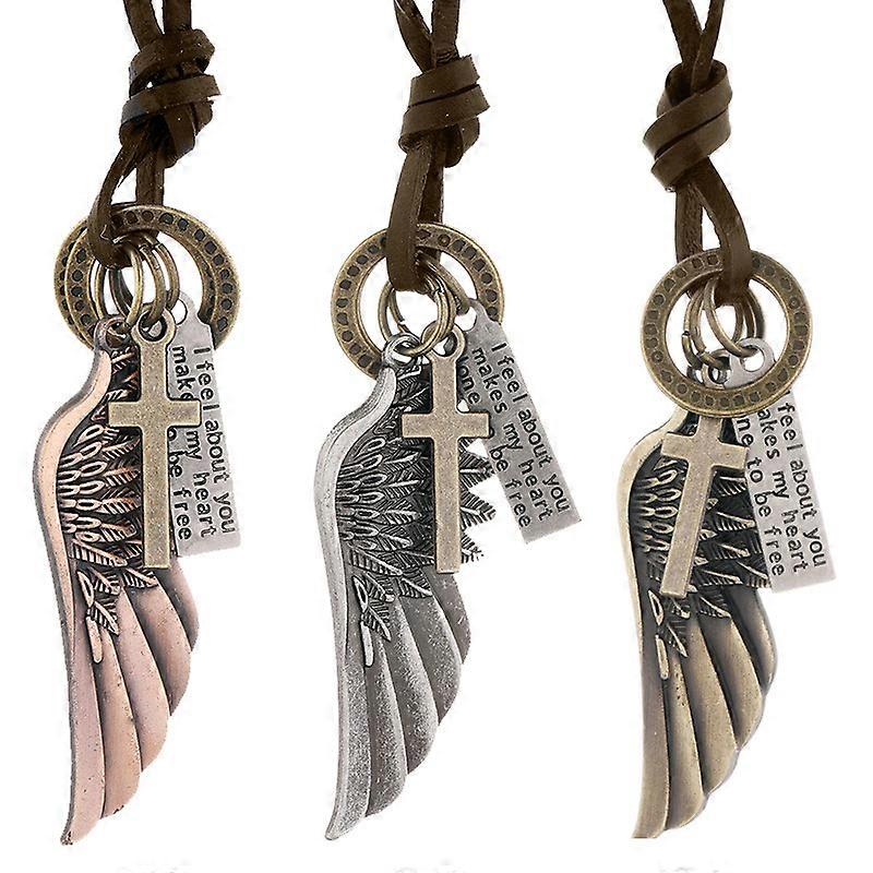 Retro Style Angel Wing Pendant Unisex Necklace for Men for Women with Adjustable Leather Cord-3pcs