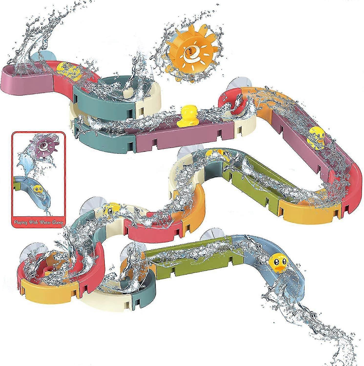 48 قطعة ألعاب حمام الطفل ، مسار لعبة الشريحة المائية مع كوب شفط ، لعبة البط ، ألعاب مائية لحوض الاستحمام ، ألعاب حمام للأطفال الصغار