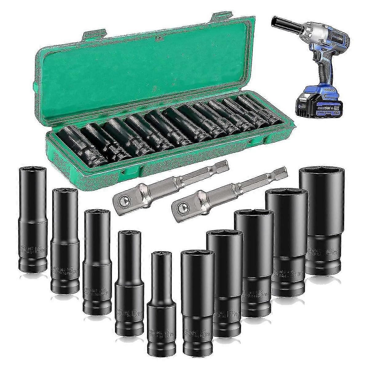 Deep Impact Socket Set,10Pcs 1/2 inch Socket Sets 8-24mm and Storage Box with Driver Socket Extensi - ya