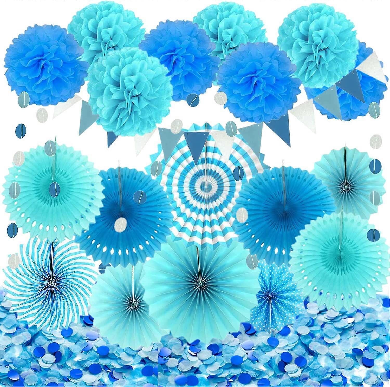 22-Pack Party Decoration Set with Hanging Paper Fans, Pom Poms Flowers, Triangle Bunting Flags, Garlands String Polka Dot and Paper Confetti for Birth