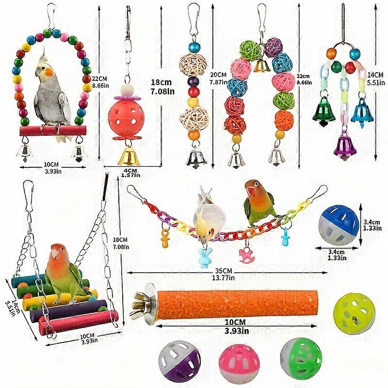 "Fun-Filled Playtime" 13-Piece Parrot Playset - Colorful Bird Toys With Swing, Perch, Stand, Bell & Hammock - Ideal For Parakeets