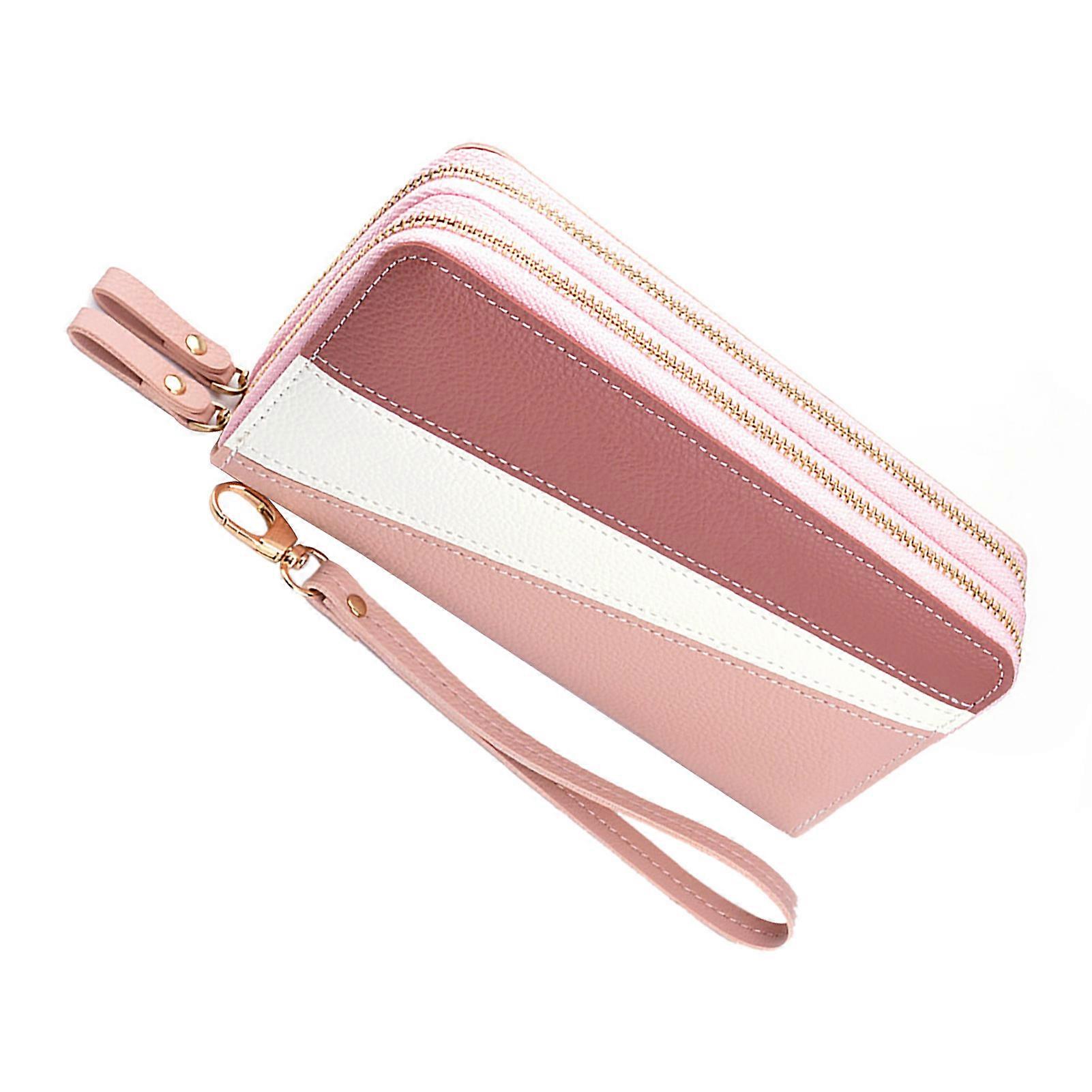 نسائي محفظة طويلة مقصورتين جلد PU 2-Way سحاب سعة كبيرة محفظة اليد وردي
