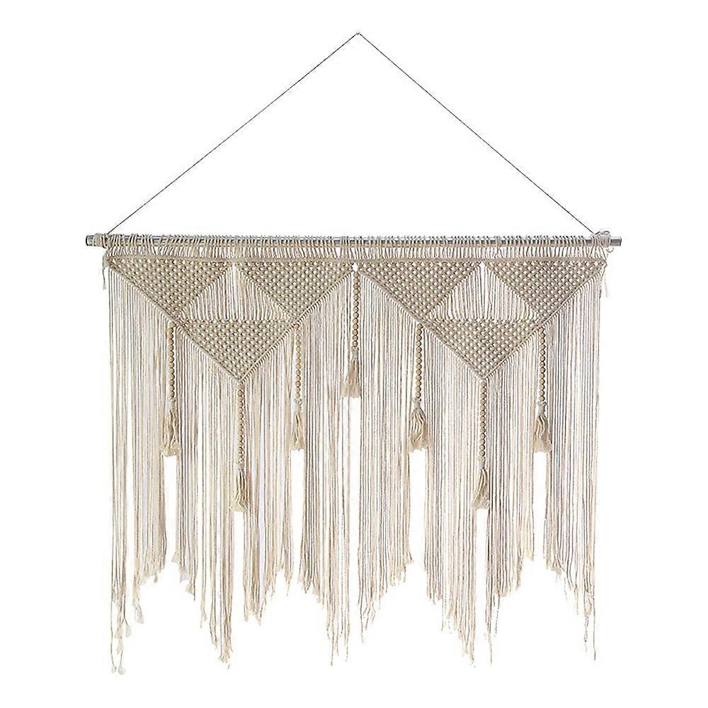 Makramee Wandbehang Boho gewebter Wandteppich, beige weiße Quaste Dekor Vorhang Hintergrund (Holzstab nicht