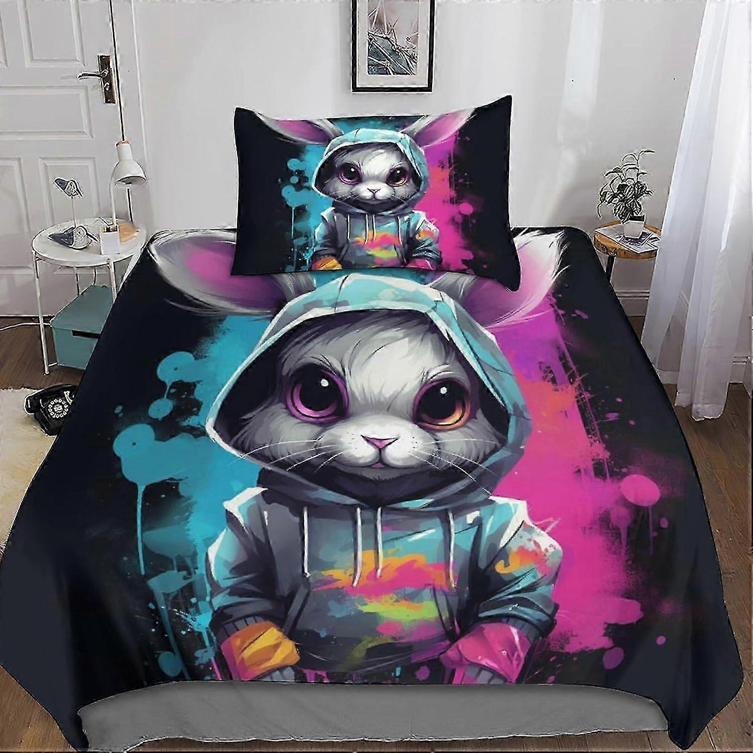 J194 Lençóis Coelho 3D Capa de Edredom Conjunto de 3 Peças para Crianças Meninos Bonito Moda Capa de Edredão Fronhas Jovens Adolescentes Conjunto de Cama Capa de Colcha com Zippe