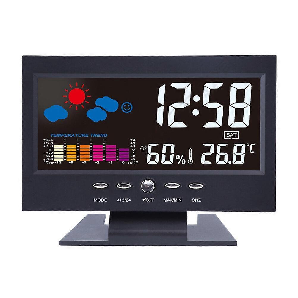 Desktop LED Weather Forecast Clock Home Digital Display Calendar Alarm Clock Multi-function Large Screen Clock (Black, with USB Cable)