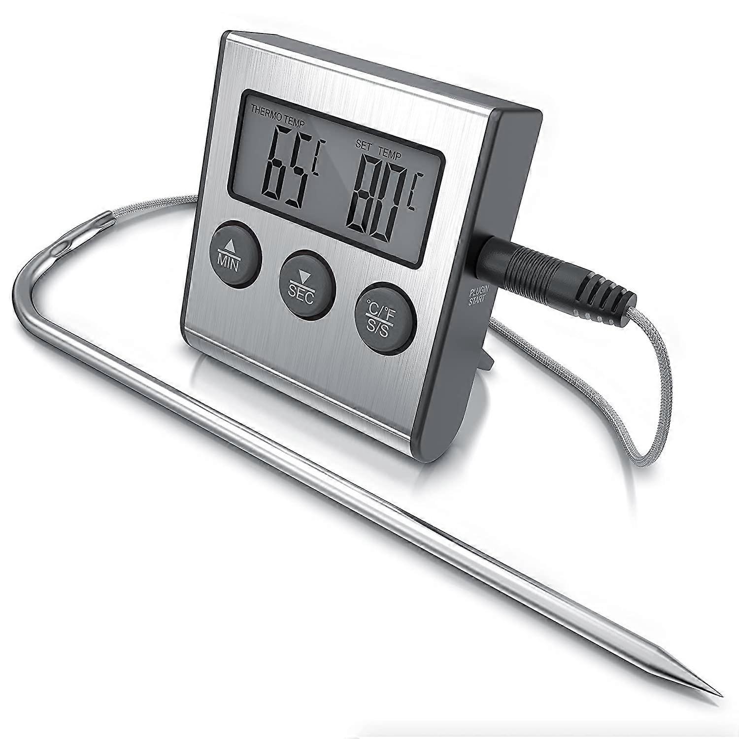 Digital Grill Thermometer with Stainless Steel Probe - 2 Modes - Temperature with Alarm Signal - Timer 0-99:59 Min.- Measuring Range -26 - 250C - Meat