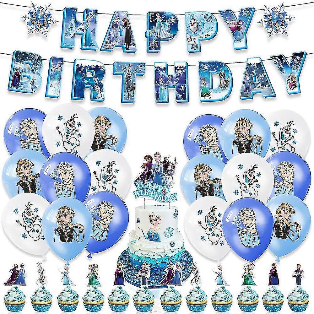 Cartoon Frozen Theme Birthday Party Decoration Banner Balloon Cake Toppers Set