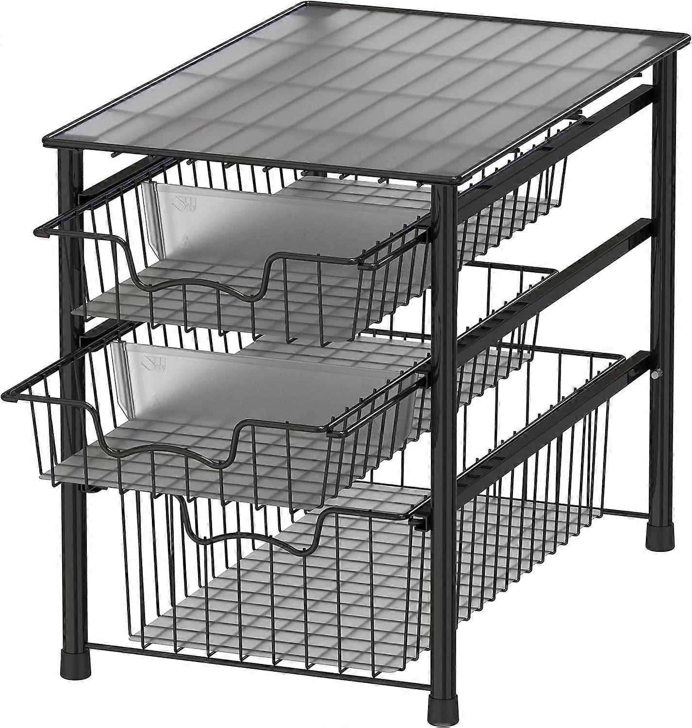 pleHouseware Stackable 3 Tier Sliding Basket Organizer Drawer, Black Black 3 Tier
