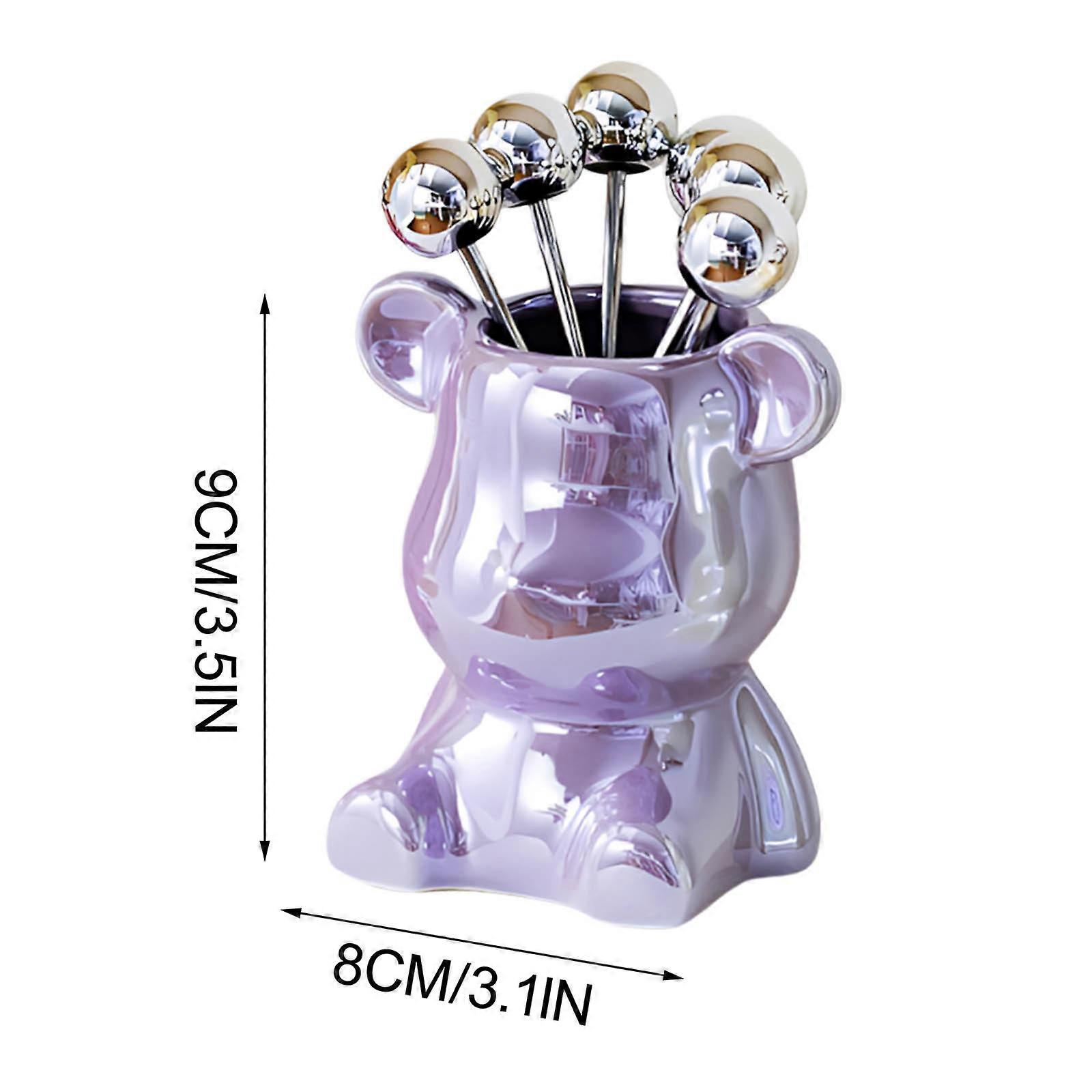 Storage Boxes Ceramic Bear Fruit Fork Storage Jar Stainless Steel Silverware_c24071141
