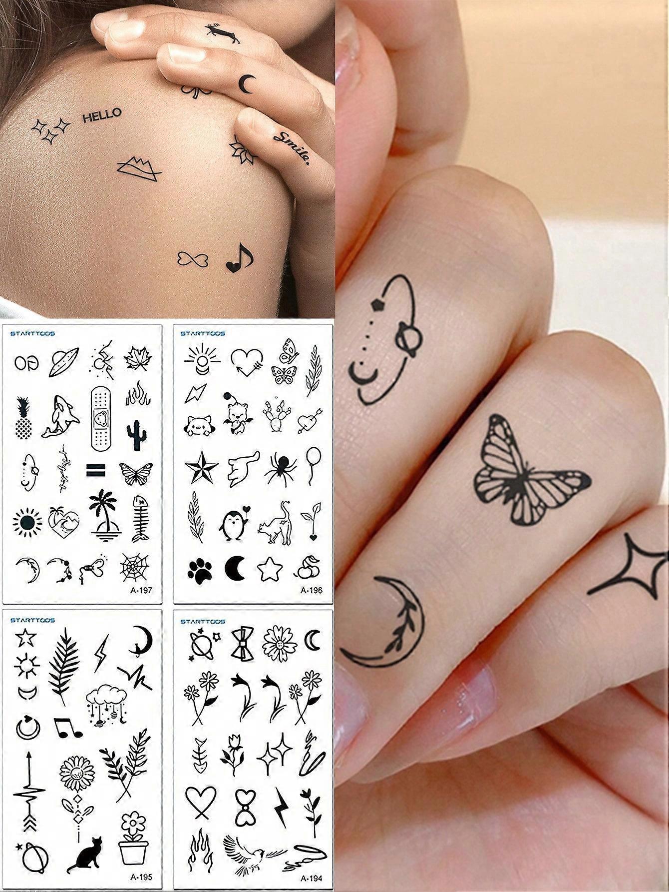 4 Sheets Black Floral, Butterfly, Crescent Moon & Heart Pattern Temporary Tattoos For Finger, Wrist, Behind Ear, Collarbone - Lasts 3-5 Days