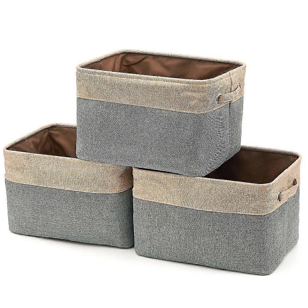 Collapsible Linen Storage Box Storage Basket With Handles - Set Of 3 (Gray/Beige)