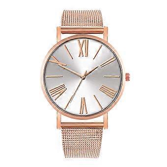 Moda Malha Cinto Strap Relógio de Quartzo numeral romano Dial Casal Relógio de Pulso (Ouro Rosa Branco)