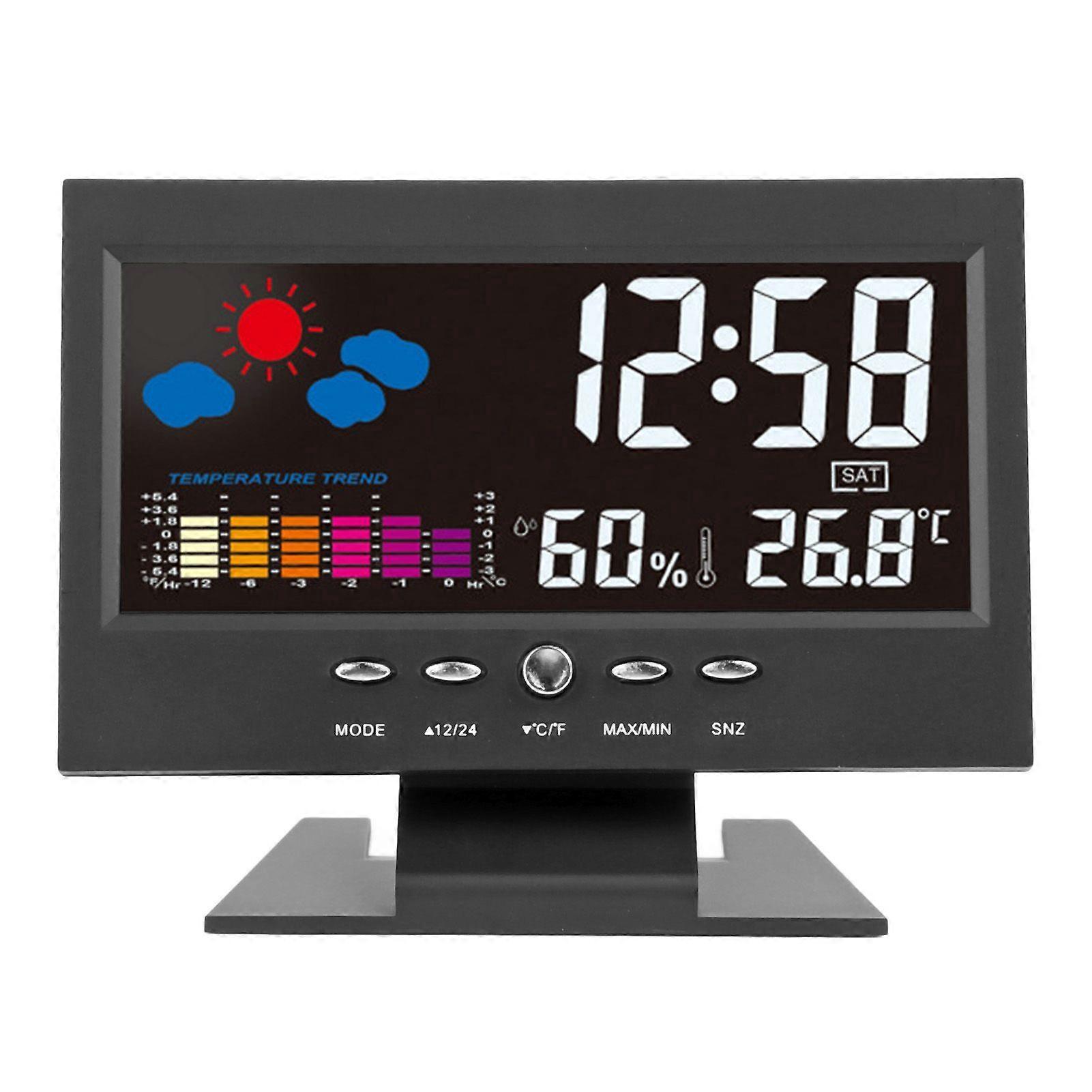 SQCLV Electronic Alarm Clock Black Colorful Display Humidity Temperature Detect Sound Activated Alarm Clock for Bedroom Bedside