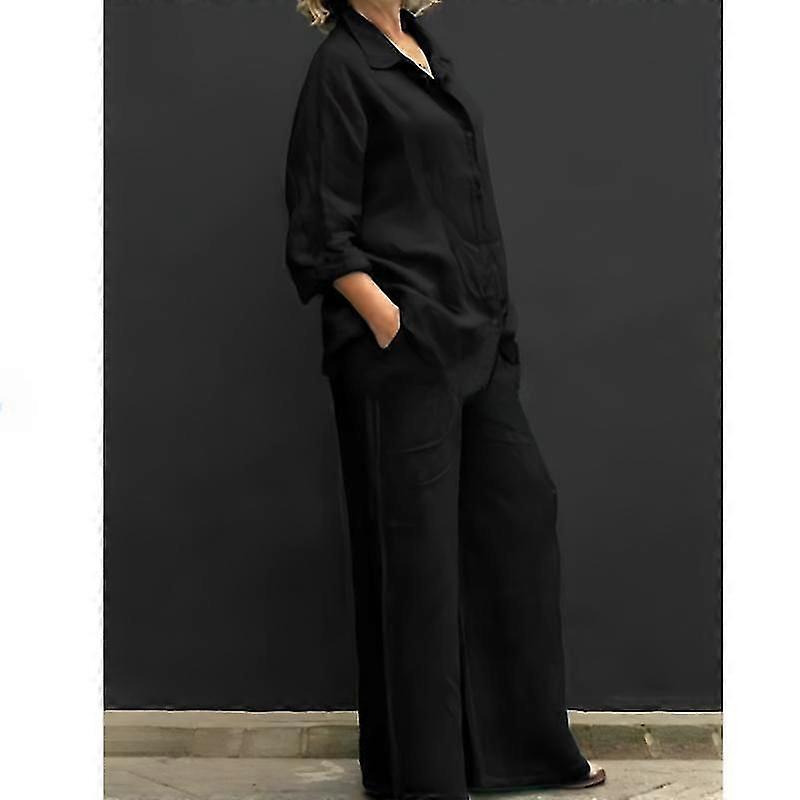 Femmes Lin Chemise Décontractée 2 Pièces Ensemble Mode Revers À Manches Longues Bouton Chemisier Et Pantalon Tenues Ample Jambe Large Pantalon Costumes