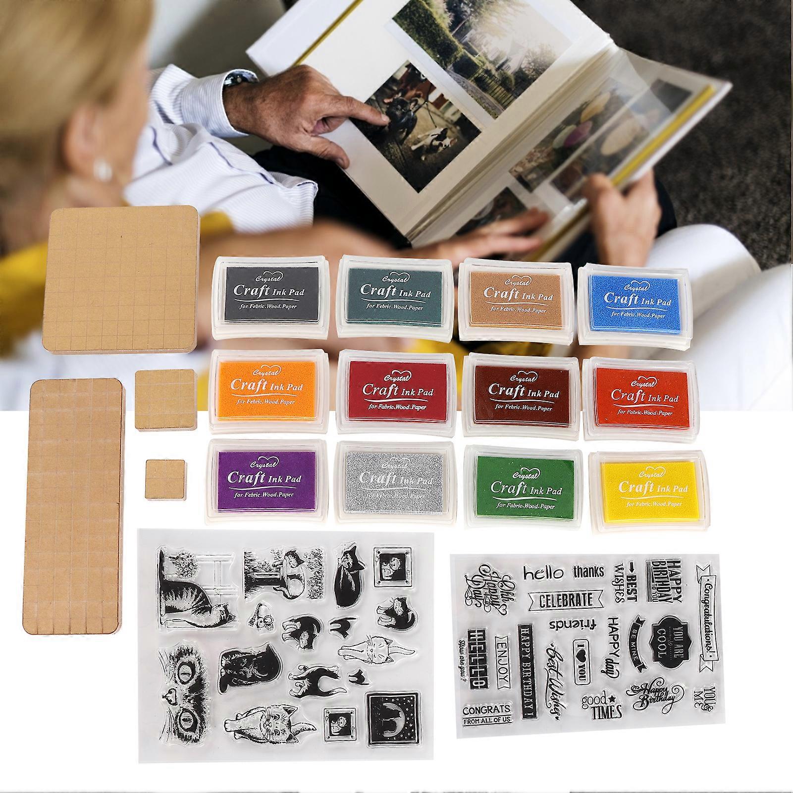 Acrylic Stamp Tool Set 4 Blocks 12 Ink Pads 2 Clear Seal Stamps