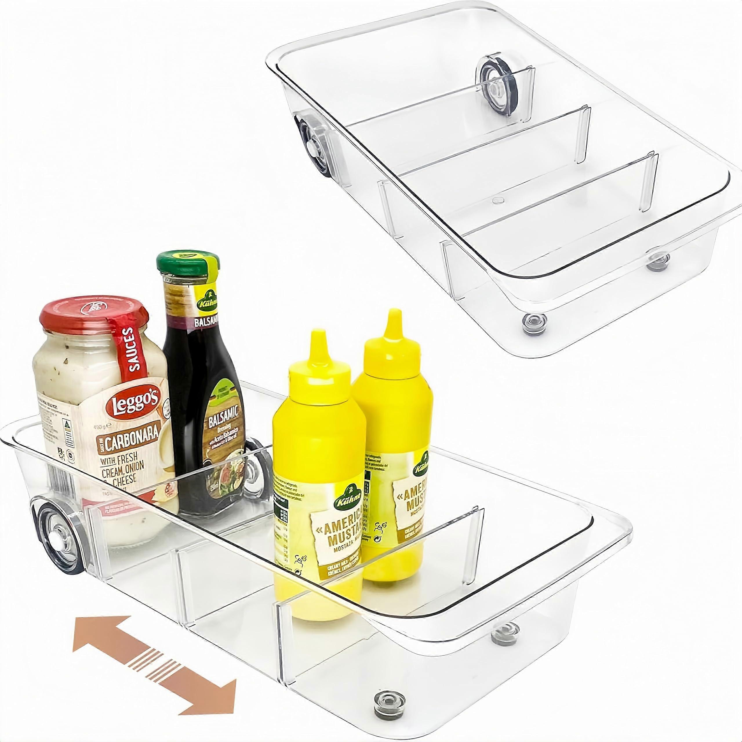 Clear Refrigerator Organizer Bins with Wheels and Adjustable Dividers for Pantry and Freezer Storage, 7.6" Wide, 2 Pack