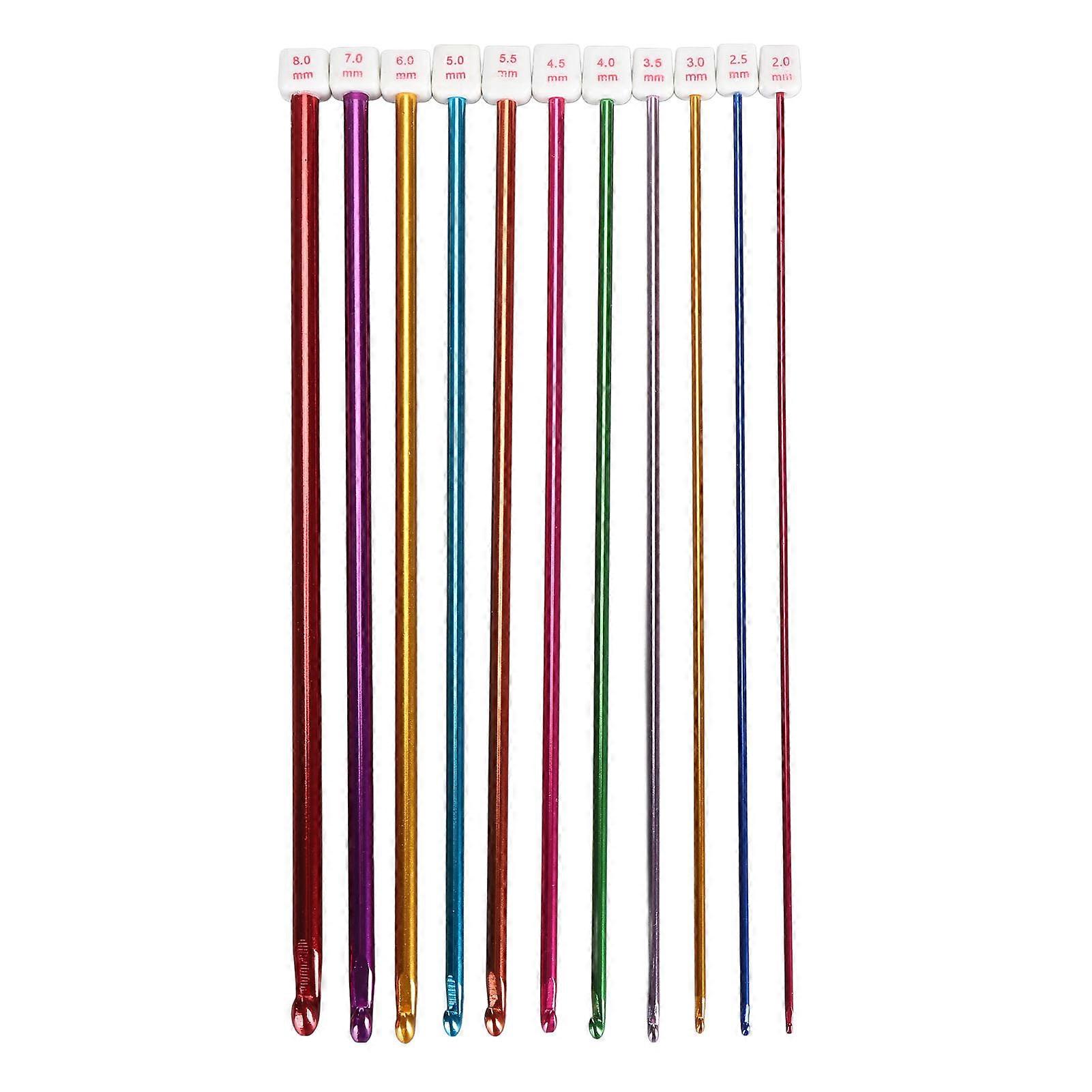 Set of 11 colorful aluminum crochet hooks from 2 to 8 mm for crocheting and knitting