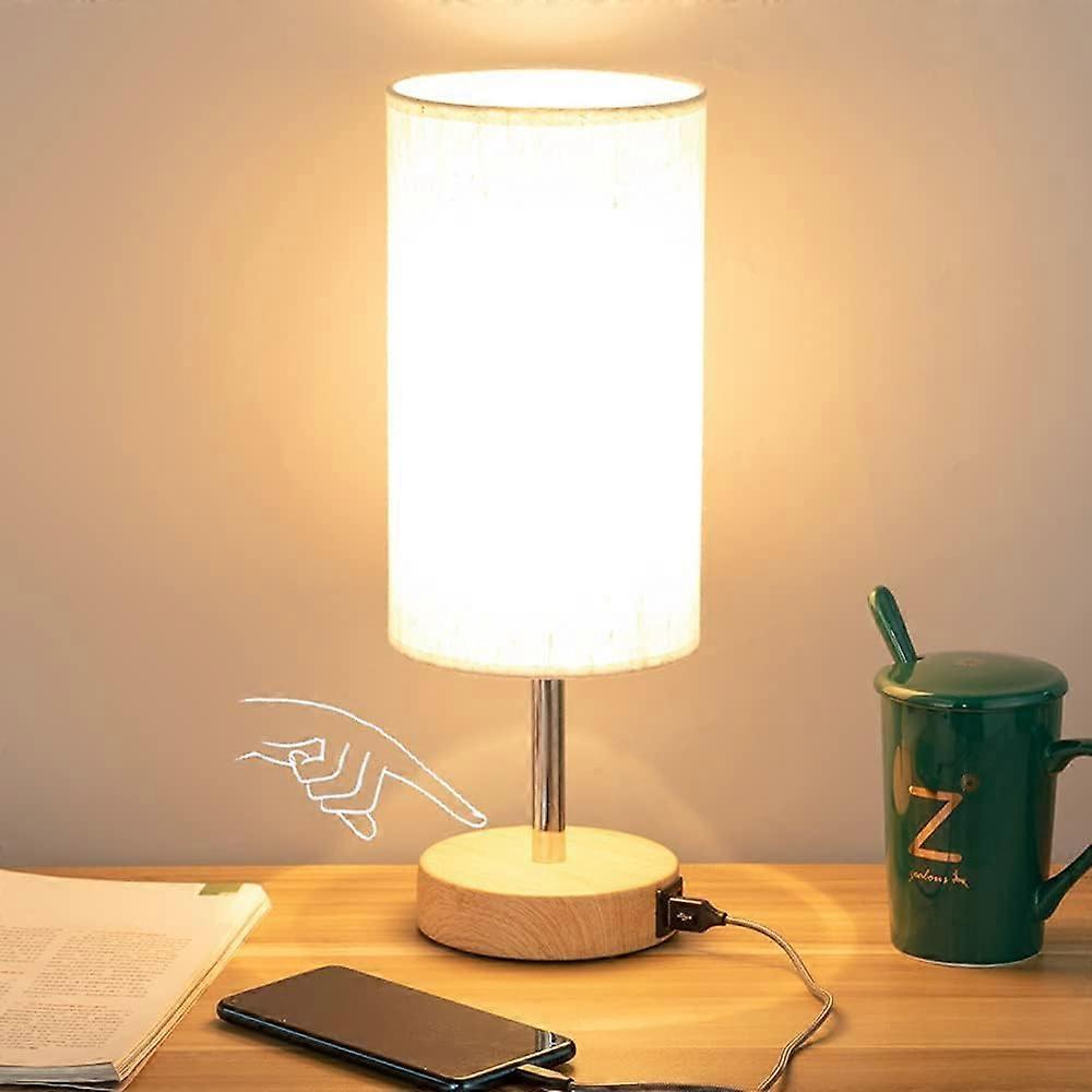 USB Table Lamp with Touch Control - 3-Way Dimmable Wood Bedside Light for Bedroom, Office, and Dorm with Round Linen Shade (LED Bulb Included)