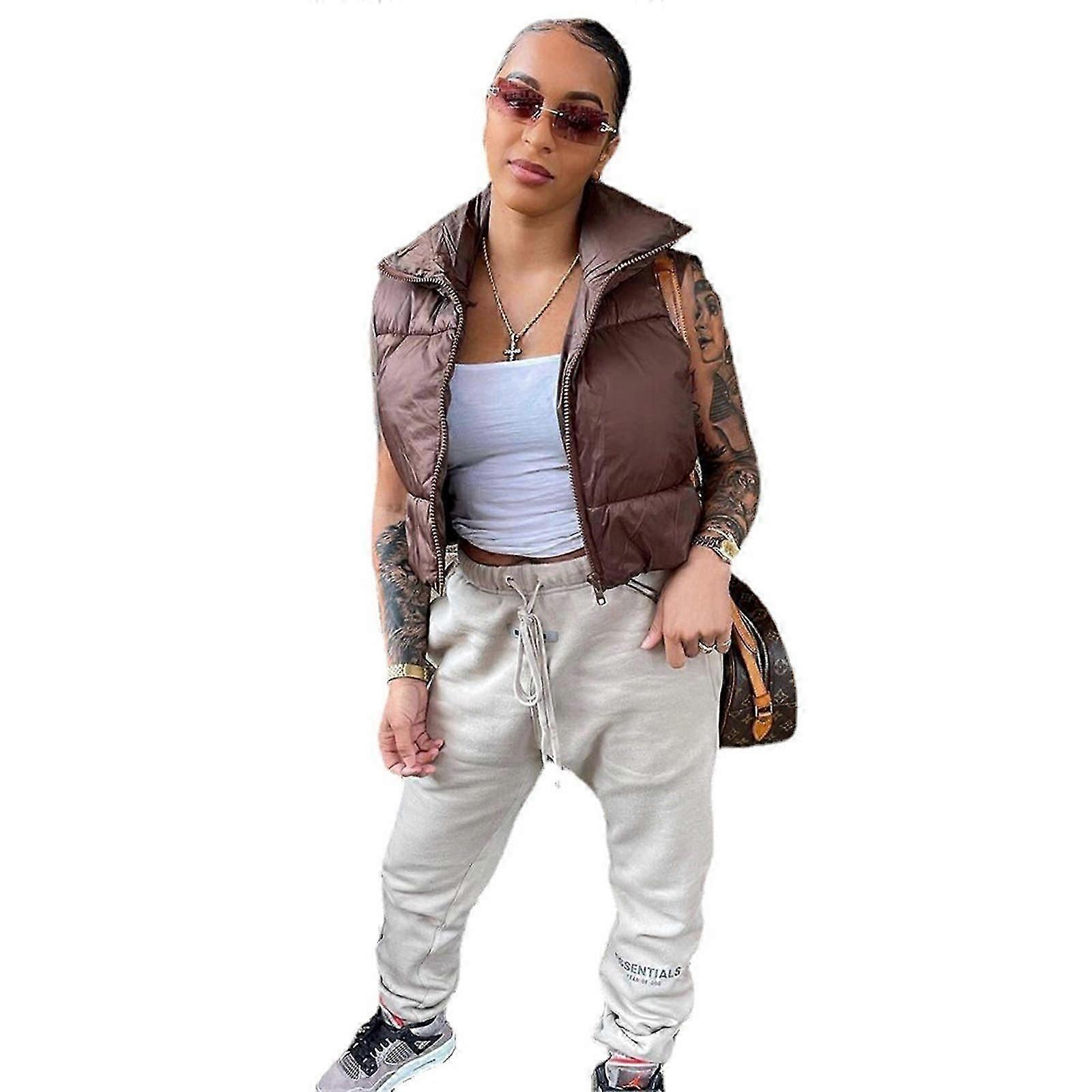 ファッショナブルな女性ジップアップスタンドカラーノースリーブ軽量パッド入りクロップドフグキルティングベスト暖かい冬のジャケットブラウンS