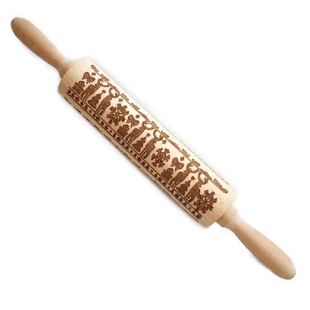 Christmas Elk Printing Rolling Pin Engraved Wood Embossing Cookie Baking Tool