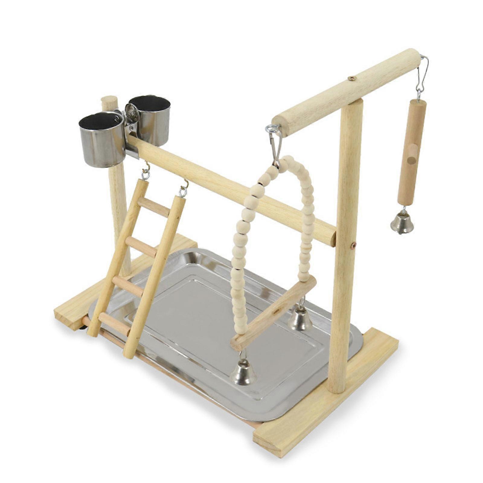Bird Perch Wood Stand Toy Parrots Playstand for Parakeets Cockatiel Conure with Feeding Cups Ladder Swing Chew Toy