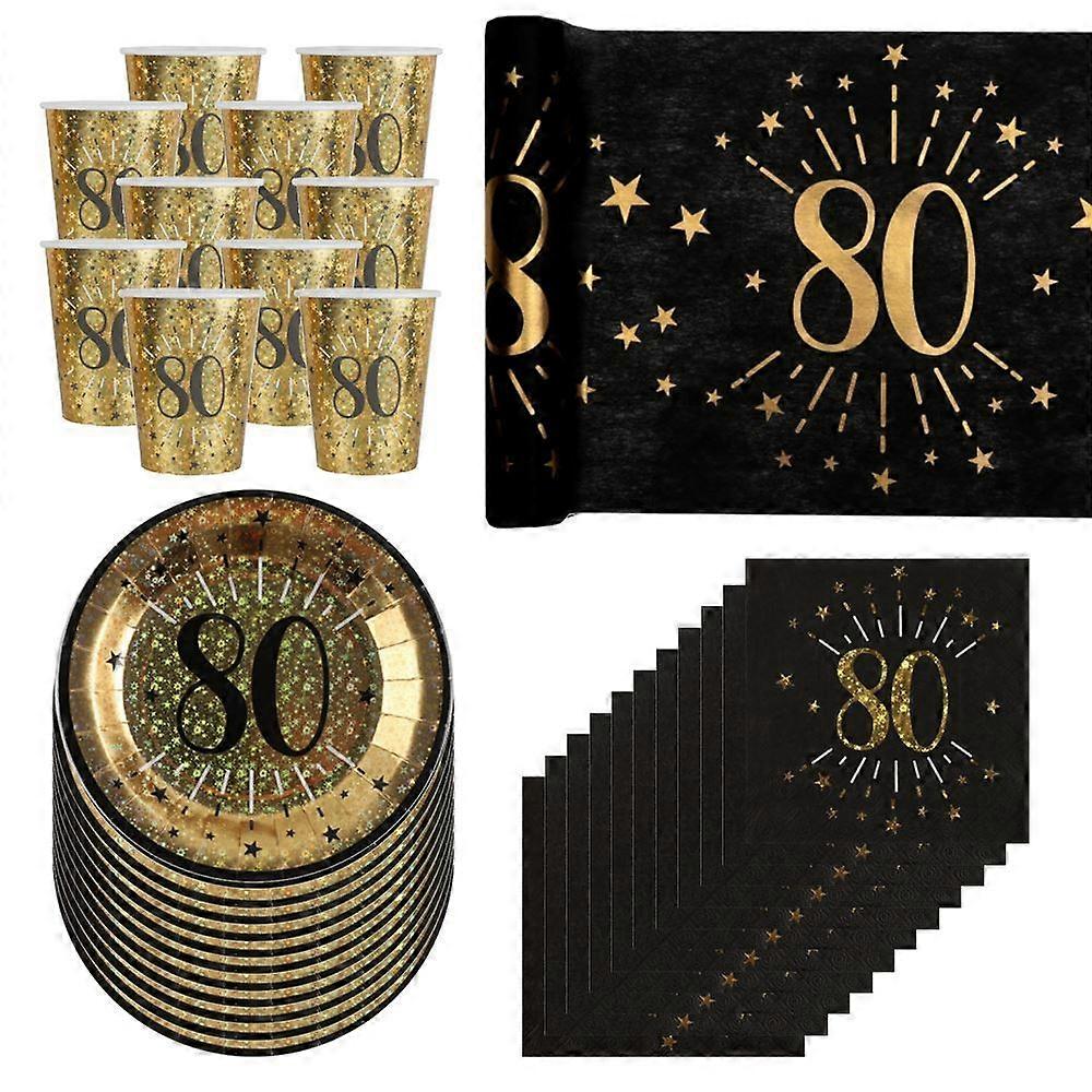 Black and Gold Age 80 Party Pack, Cups, Plates, Napkins and Table Runner