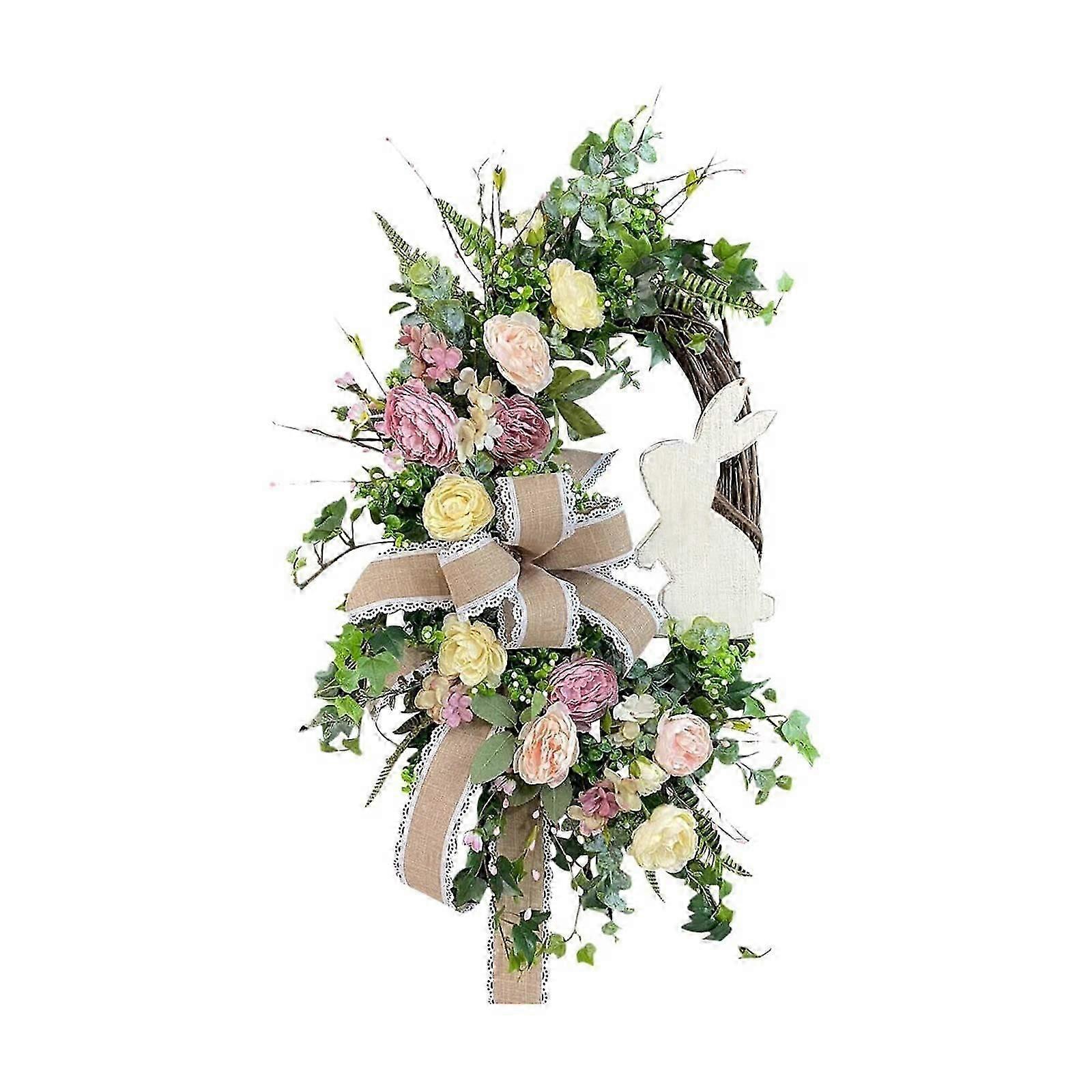 Farmhouse Easter Wreath - Burlap Garland with Lights & Bow for Front Door & Summer Decor