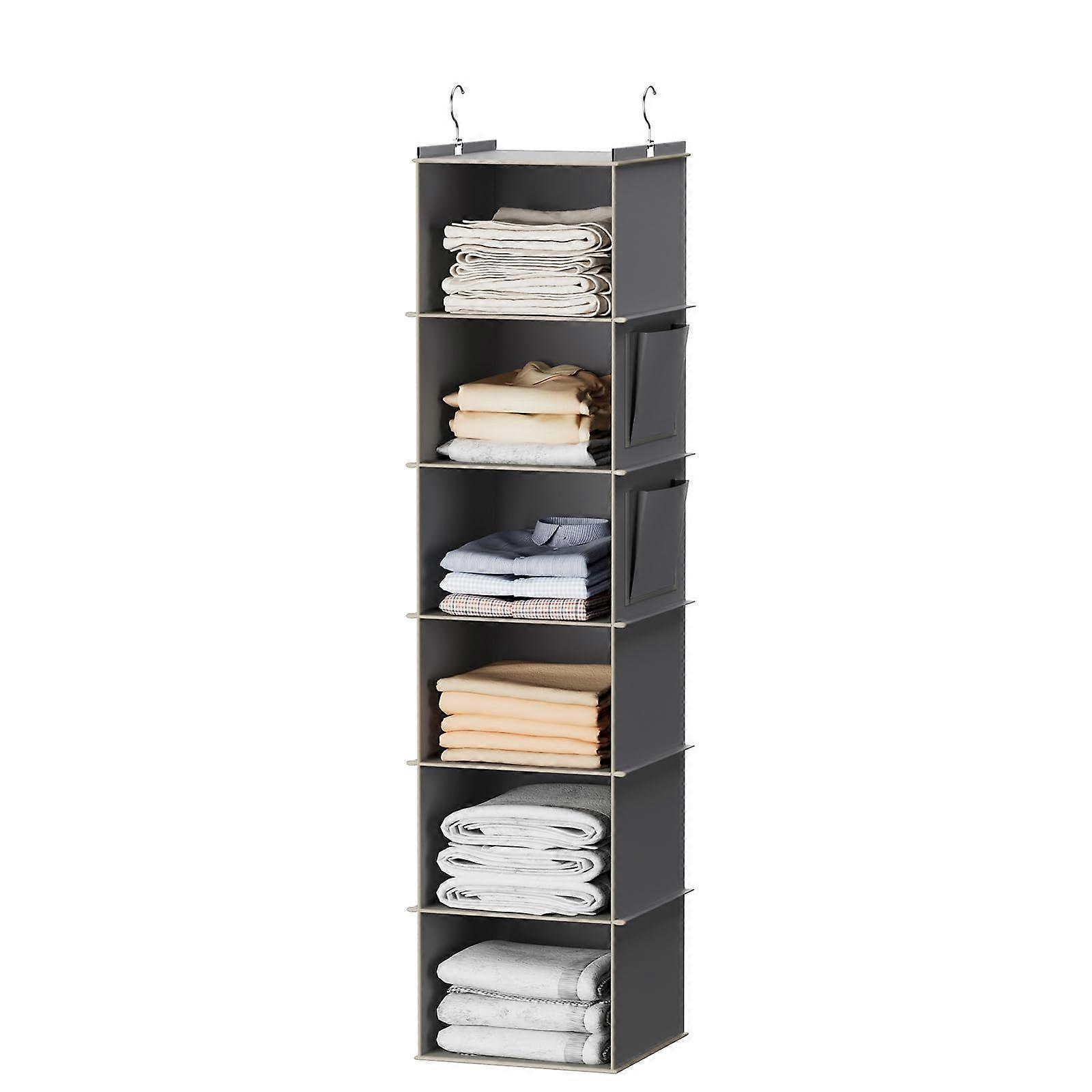 Hanging Shelf Wardrobe Organiser Sturdy Wardrobe Organiser System Hanging Storage with MDF Panels and Bamboo Stick Reinforced 6 Shelves Grey