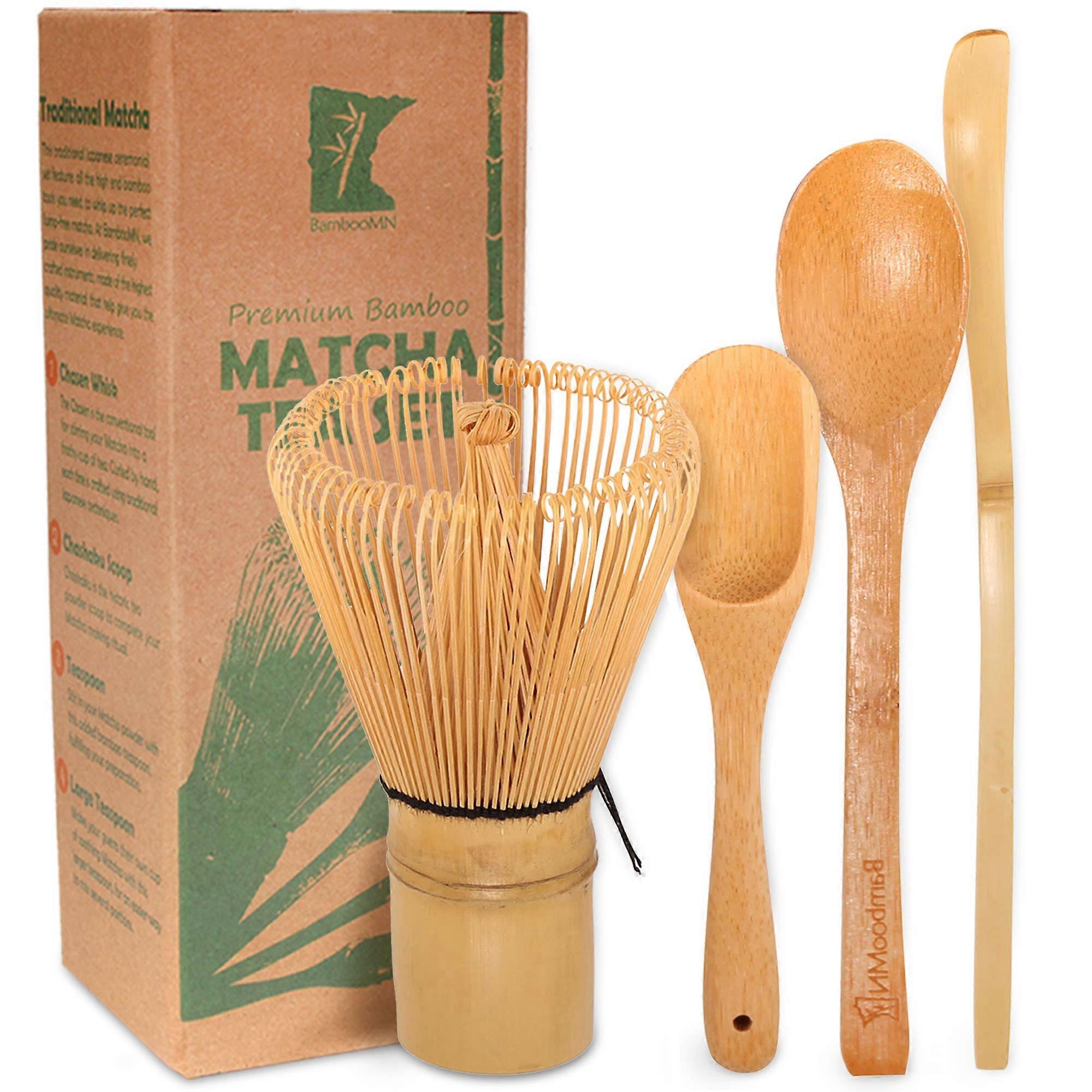 Chasen Tea Whisk and Chashaku Bamboo Scoop Set for Matcha Preparation - 1 Golden Whisk, Hooked Scoop, and Teaspoon