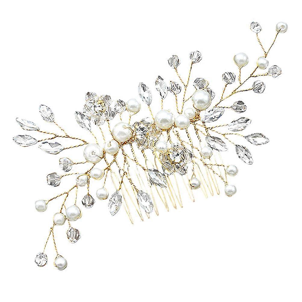 Bridal Party Combs Pearl Crystal Hair Comb Golden Rhinestones Simple Design Wedding Accessory 1Pack