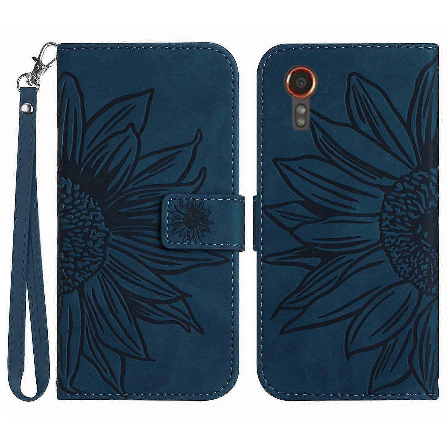 Leather Phone Wallet Case with Hand Strap for Compatible Devices - Sunflower Pattern
