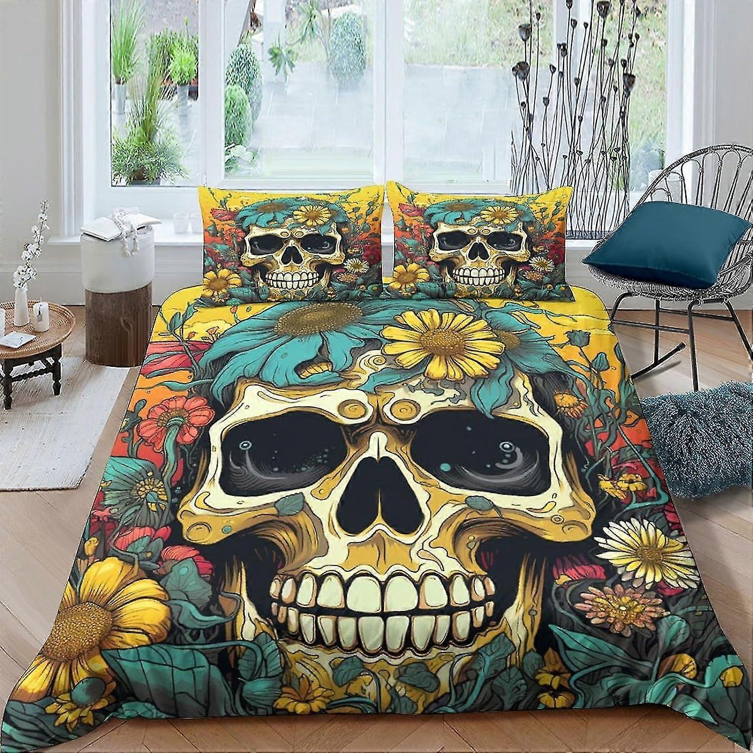 Conjunto de capa de edredão de caveira Capa de edredom de cama impressa em 3D com fecho de zíper para crianças meninos adolescentes Microfibra macia Conjunto de 3 peças duplo