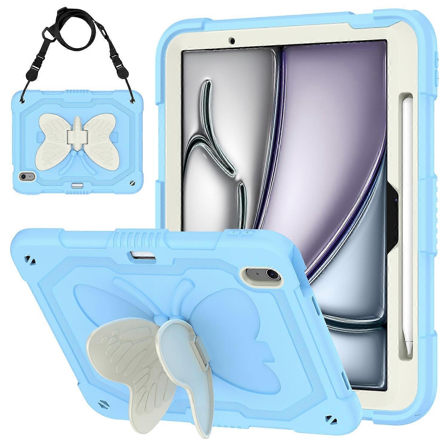For iPad Air 11 (2025) (2024) Case with Shoulder Strap Silicone + PC Tablet Cover Butterfly Wings Ki